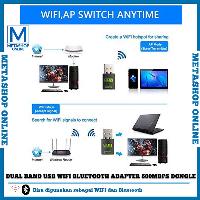 USB WiFi Bluetooth Dual Band Wireless Combo Dongle Adapter 600 MBPS