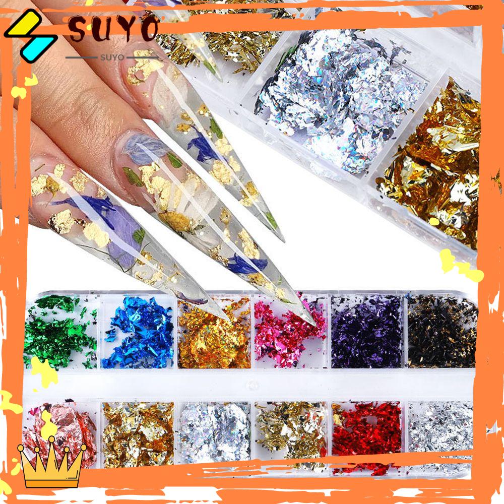 Suyo 12Grid Kuku Foil Emas Hot DIY Gold Glitter Flakes Irregular