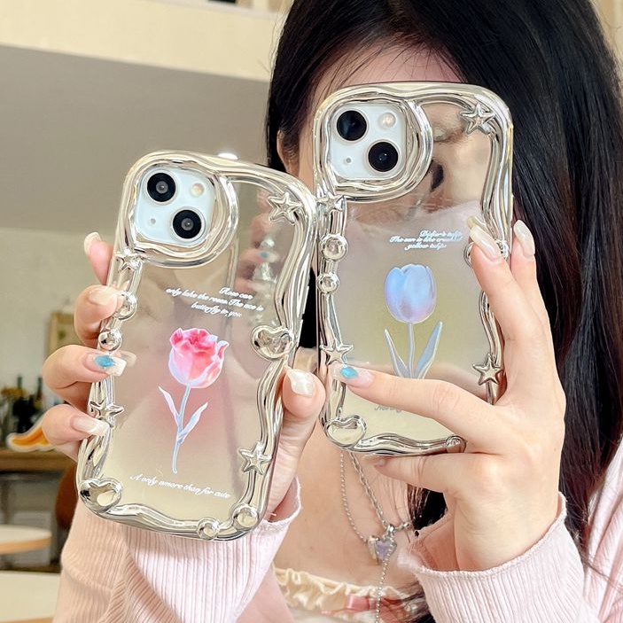 Cream Star Love Mirror Soft Case iPhone 7 8 Plus iPhone X XS XR Max 11 12 13 14 Pro Max 14 Plus Girl Woman Fashion Pink Green Tulip Flower Case Make up