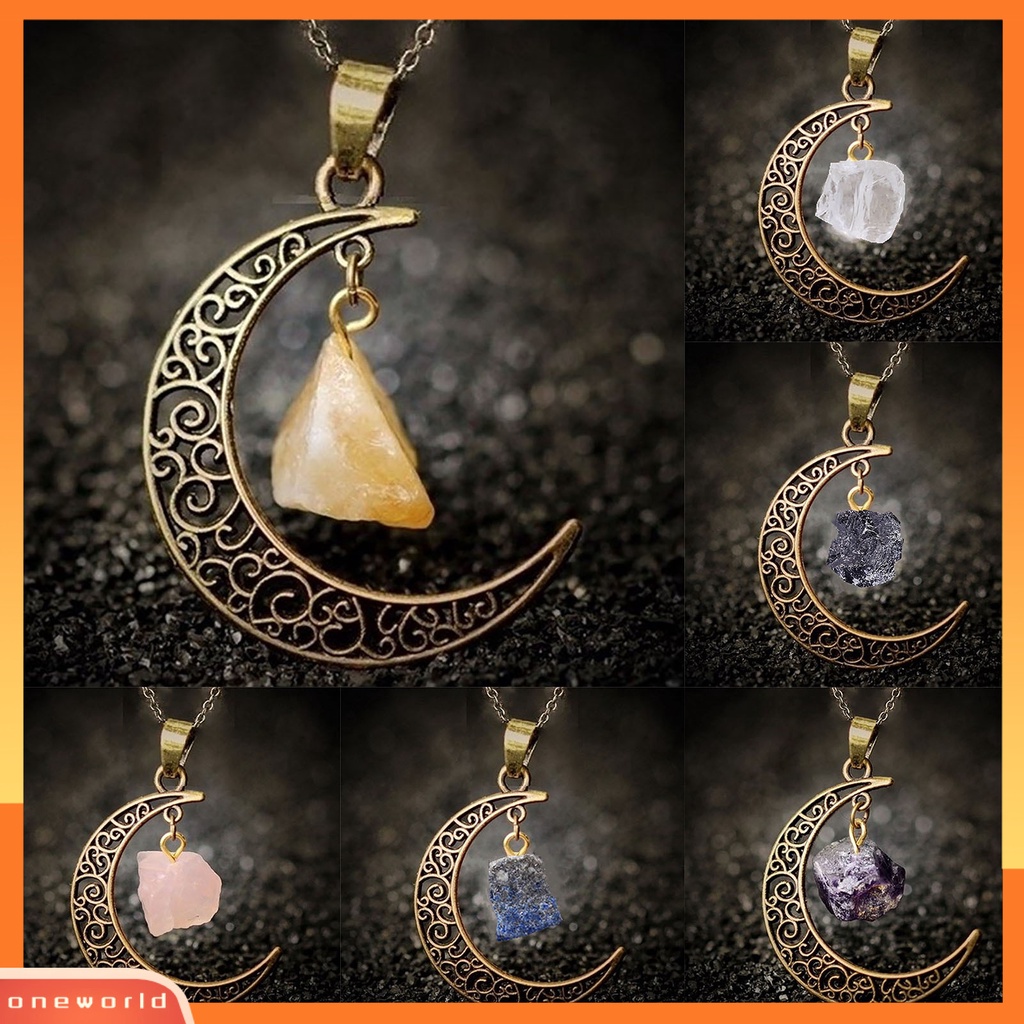 [ONE] Kalung Wanita Gaya Vintage Bentuk Bulan Natural Quartz Stainless Lady Pendant Untuk Hadiah