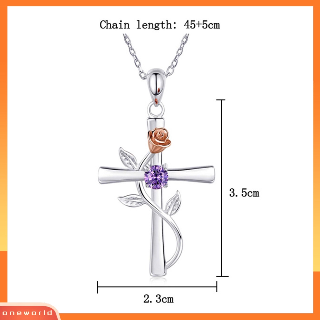 [ONE] Wanita Kalung Novelty High Gloss Silver Plated Cross Rose Flower Kalung Rantai Berlian Imitasi Mengkilap Untuk Pesta