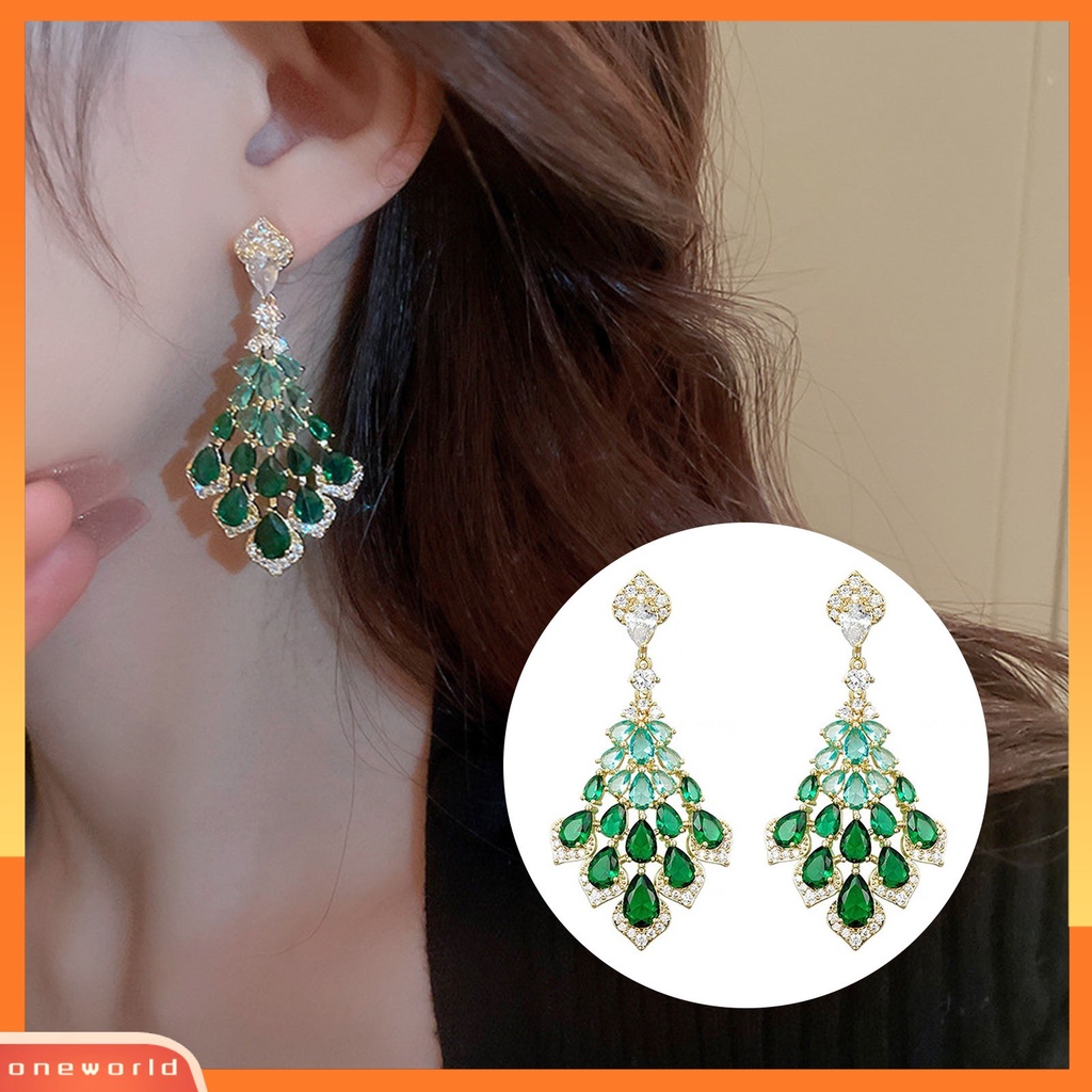 [ONE] 1pasang Drop Earrings Faux Green Kristal Bulu Bentuk Elegan Vintage Hadiah Cantik Nonallergic Berlian Imitasi Bertatahkan Menjuntai Anting-Anting Perhiasan Fashion