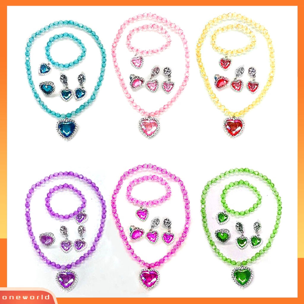 [ONE] 1set Gadis Kalung Mainan Manik-Manik Berwarna Elegan Pretend Play Berlian Imitasi Cinta Hati Gelang Anting Cincin Kit Putri Perhiasan