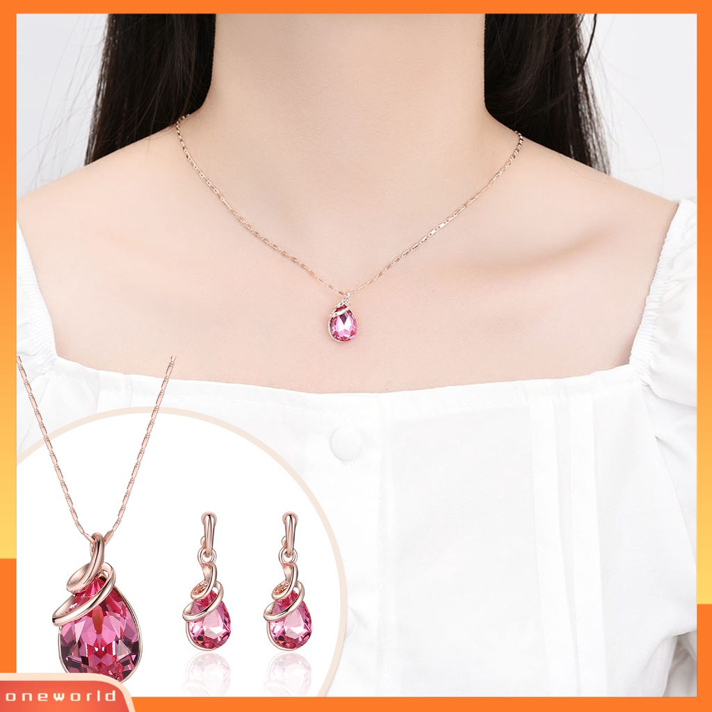 [ONE] 1set Wanita Kalung Elegan Mewah Hadiah Mulia Tetesan Air Merah Berlian Imitasi Bertatahkan Stud Anting Kit Fashion Perhiasan