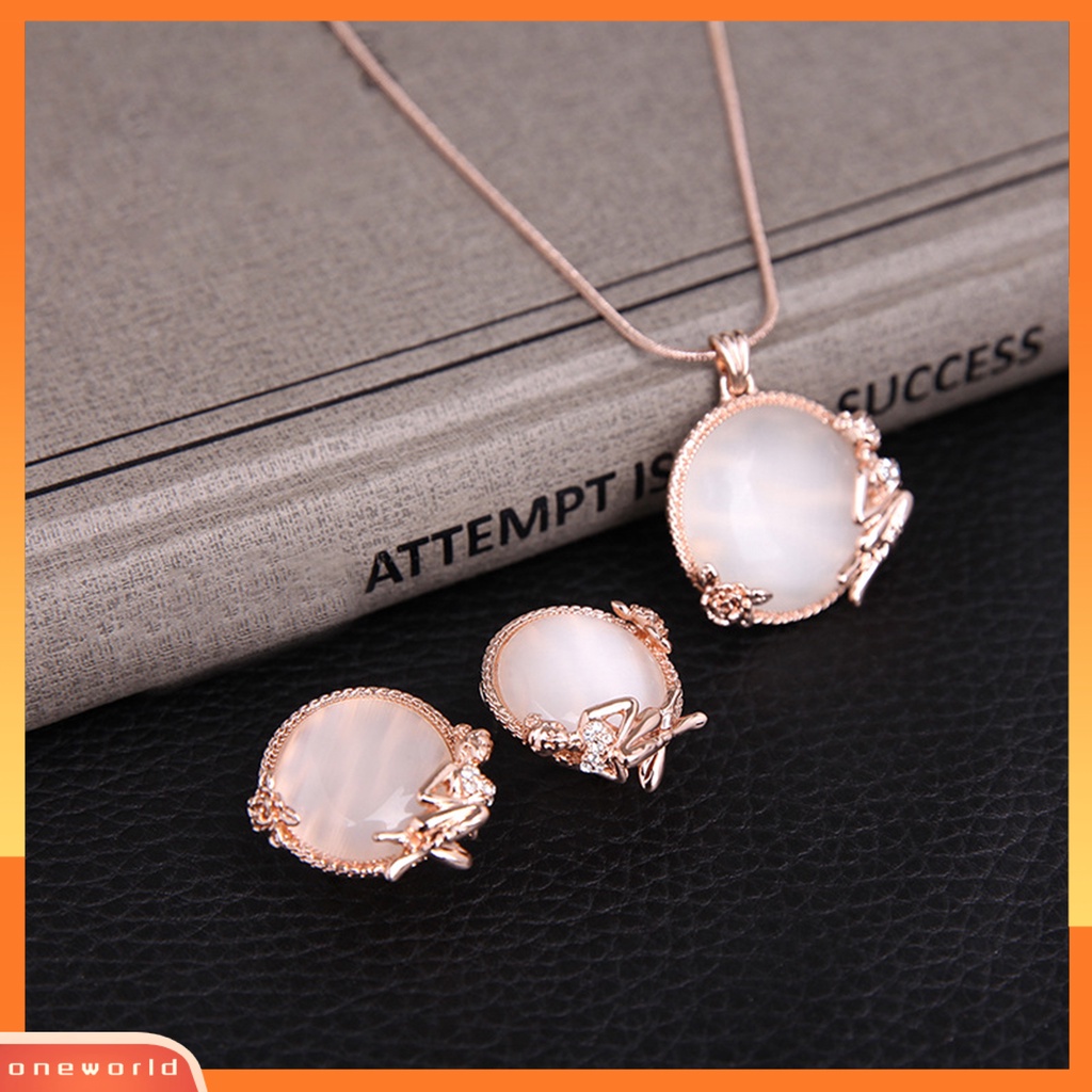 [ONE] 1set Kalung Anting Set High Gloss Bulat Opal Electroplating Kristal Imitasi Dress Up Stud Earrings Pendant Kalung Set Perhiasan Aksesori
