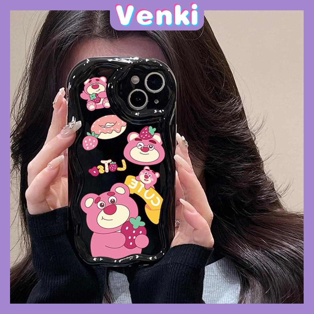 VENKI - Untuk iPhone 11 Case Curved Edge Wave Case Glossy Black TPU Airbag Shockproof Camera Case Cute Pink Bear Kompatibel dengan iPhone 14 13 Pro max 12 Pro Max xr xs 7Plus 8Plus