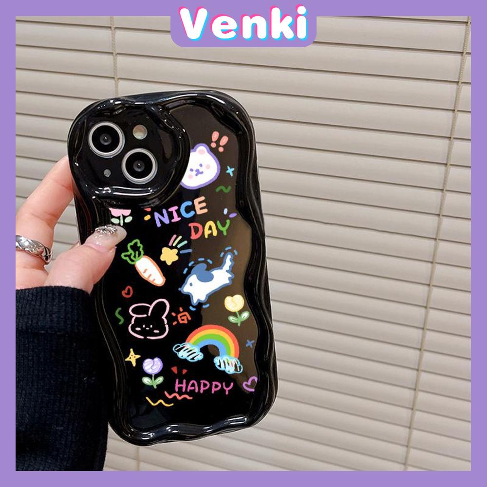 VENKI - Untuk iPhone 11 Case Tepi Melengkung Gelombang Case Glossy Hitam TPU Airbag Shockproof Kamera Case Kreatif Lucu Ikon Kecil Kompatibel dengan iPhone 14 13 Pro max 12 Pro Max xr xs 7 8