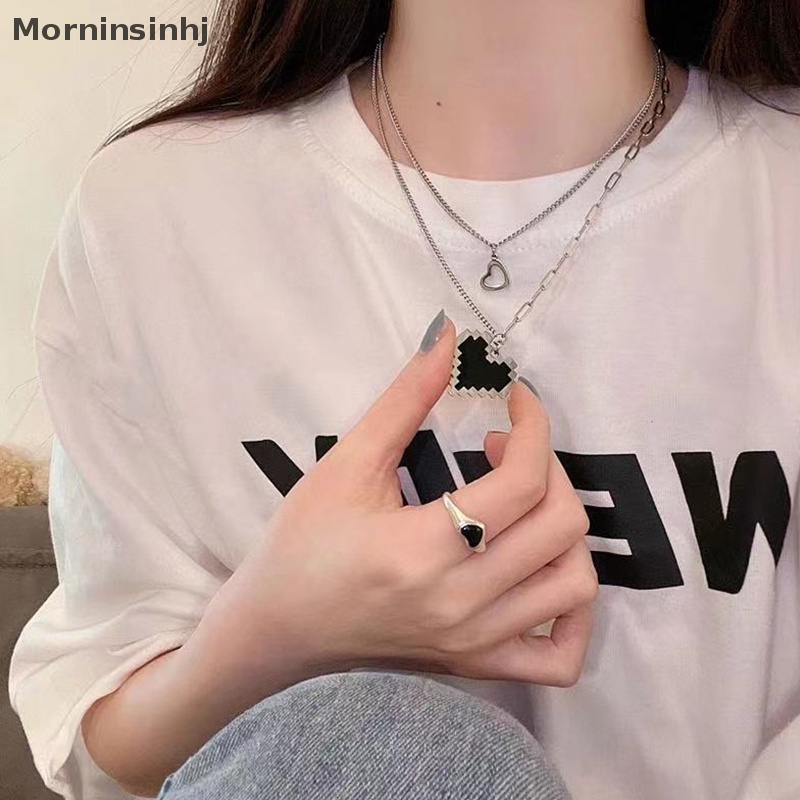 Mornin Mosaik Hitam Cinta pixel peach Liontin Hati Pita Lapis Ganda Gothic Hip Hop Rantai Perhiasan Panjang Kalung Pria Dan Wanita Kalung id