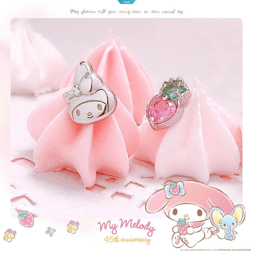 Perhiasan Perak Sanrio Sanrio Mymelody Strawberry Bright Crystal Plated Sterling Silver Anting Tusuk Anting Rose Gold [ZK]