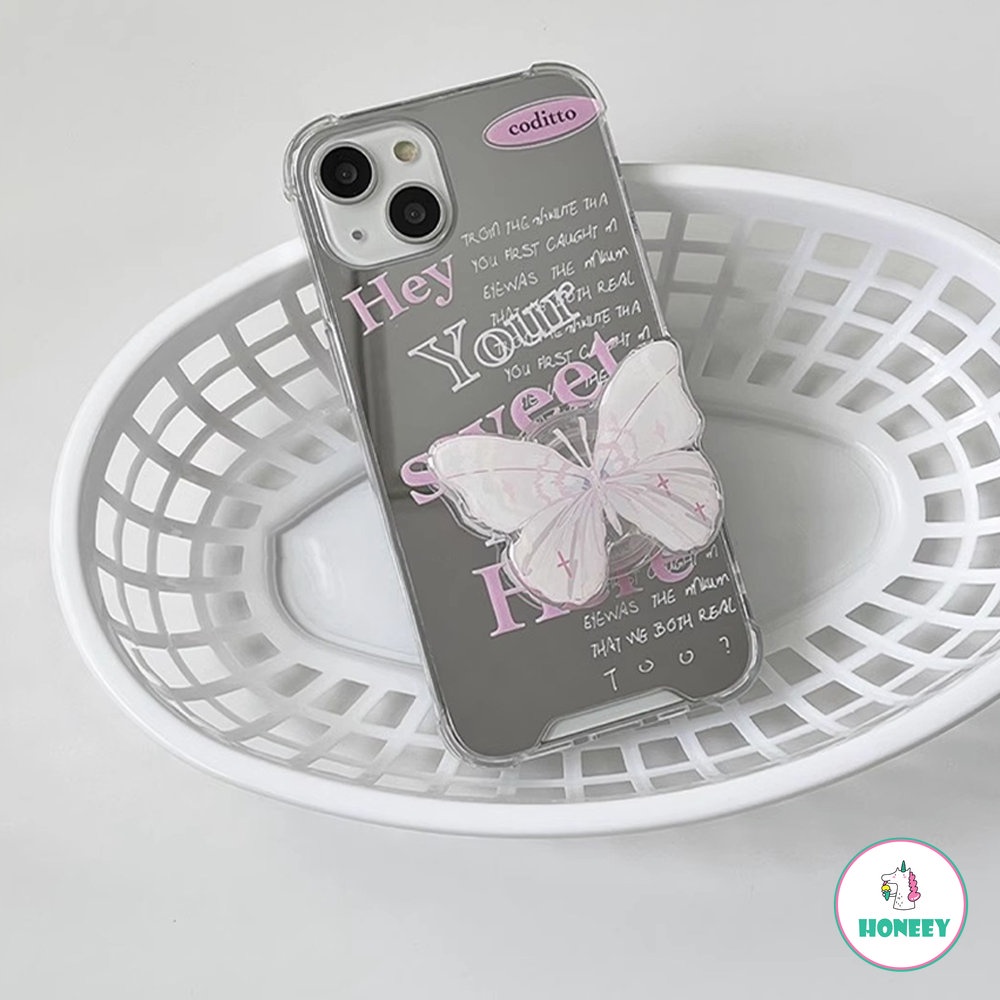 Ins Pink English Mirror Phone Case Untuk iPhone 14 Pro Max11 12 13 Pro Max XS XR 8 7plus Butterfly Stand Anti-Shock Back Cover