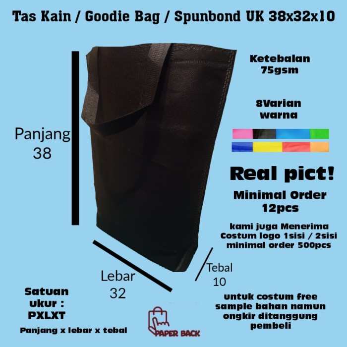 

Goodie Bag Tas Kain Spundbond Ukuran 38x32x10cm Model Press Samping