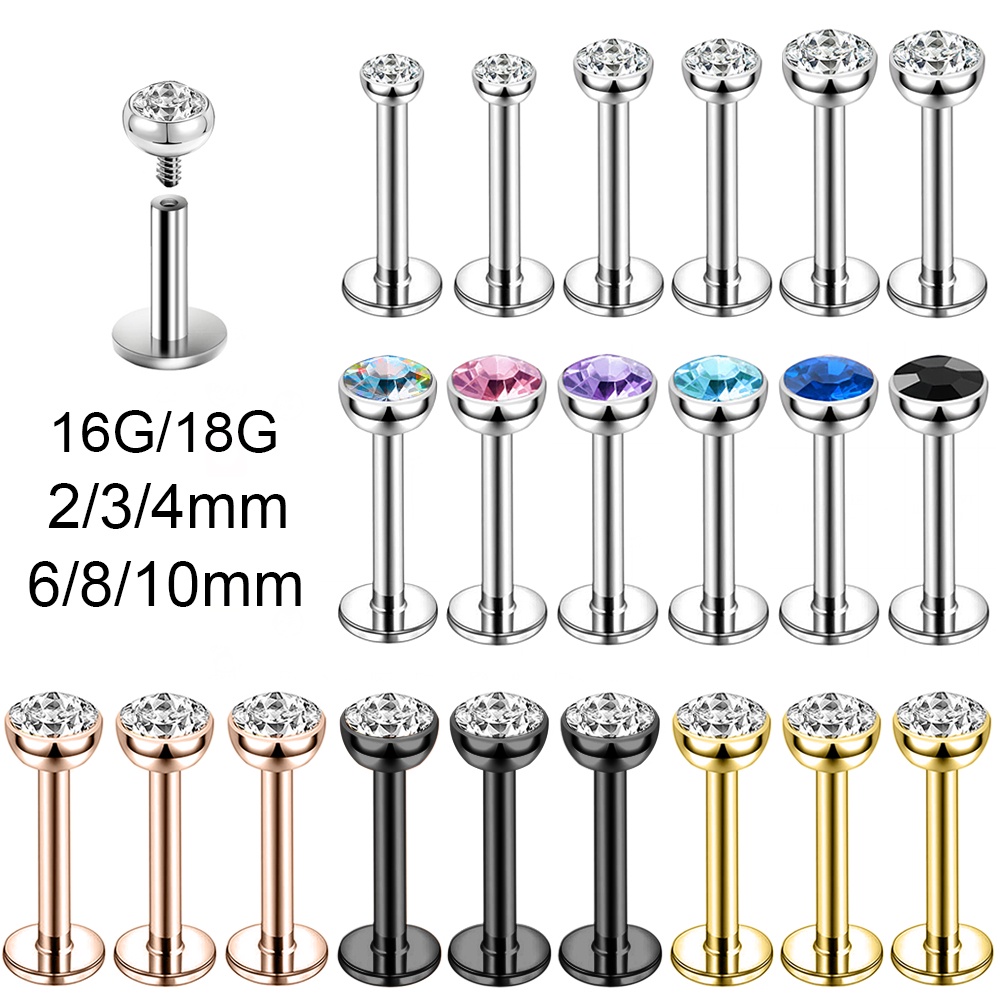 10-12pcs 18G /16G Warna Kristal Labret Piercing Stainless Steel Lip Stud Set Tulang Rawan Stud Earrings Helix Keong Piercing