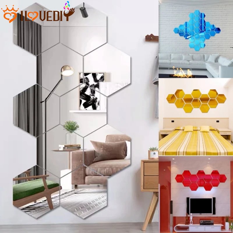 3d Cermin Stiker Dinding Removable Wall Sticker Kamar Tidur Mandi Rumah DIY Dekorasi Wall Sticker DIY Home Decor Art Mirror Hexagon Akrilik Perekat Diri Mosaik Ubin Decals