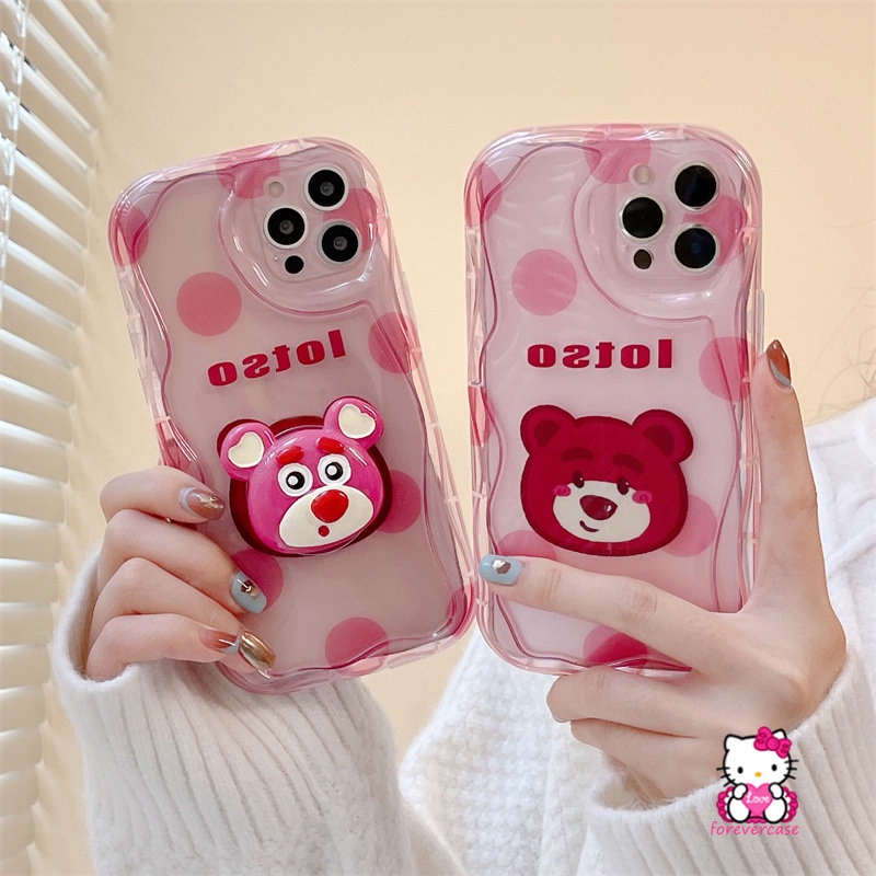 Casing Tepi Melengkung Bergelombang 3D Untuk Realme C53 C35 C3 C30 C55 C25Y C21Y C15 C33 C12 C21 C25s C17 C20A 9i 5 5s 7i 5i 6i C11 C25 C20 C31 Stand Holder Titik Gelombang Kartun Strawberry Bear Case