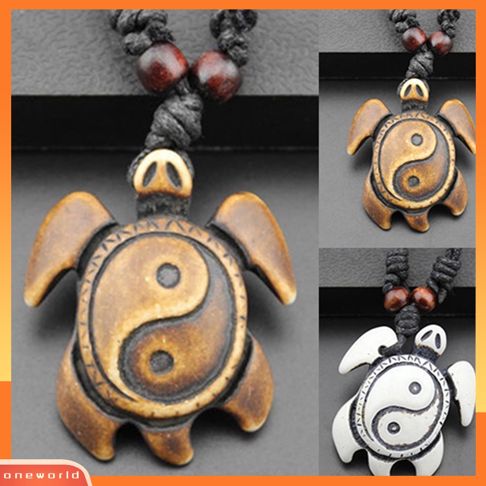 [WOD] Retro Wanita Pria Faux Bone Wax Cord Yin Yang Tai Chi Turtle Pendant Kalung Hadiah