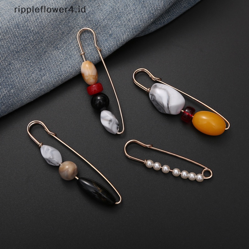 {rippleflower4.id} Fashion Klasik Batu Alam Bros Untuk Wanita Manik-Manik Vintage Ch Bros Tetap Safty Pin Elegan Kerah Pin Aksesoris Pakaian~