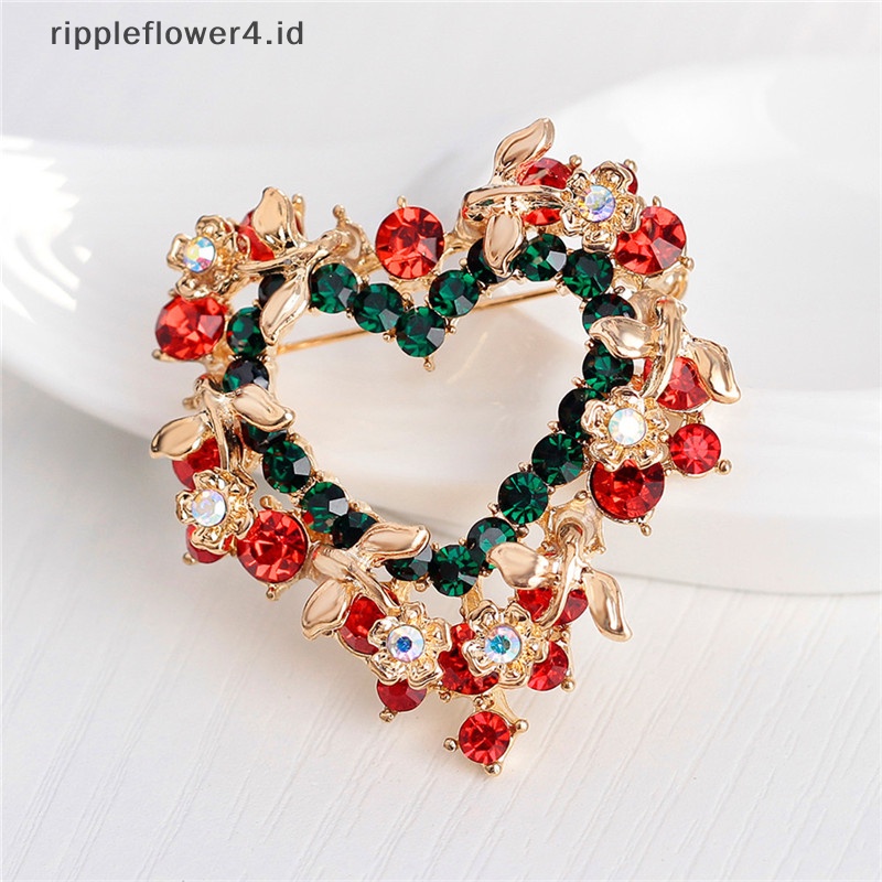 {rippleflower4.id} Fashion Unisex Jantung Garland Berlian Imitasi Snowman Natal Bros Pin Xmas Hadiah~