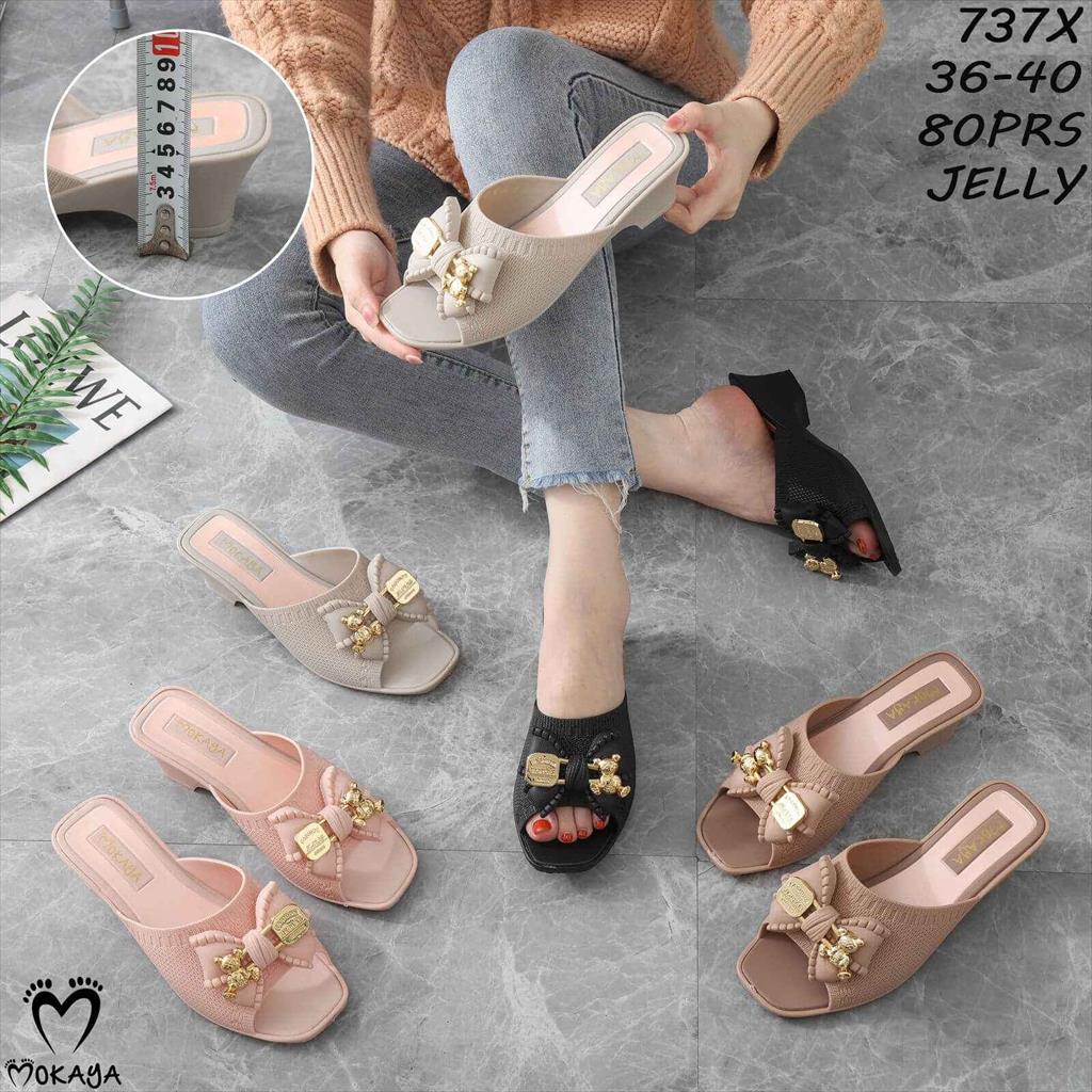 Sandal Karet Wanita Jelly Slop Hak Ban Pita Besar Gesper Bear MKY 737X 36-40