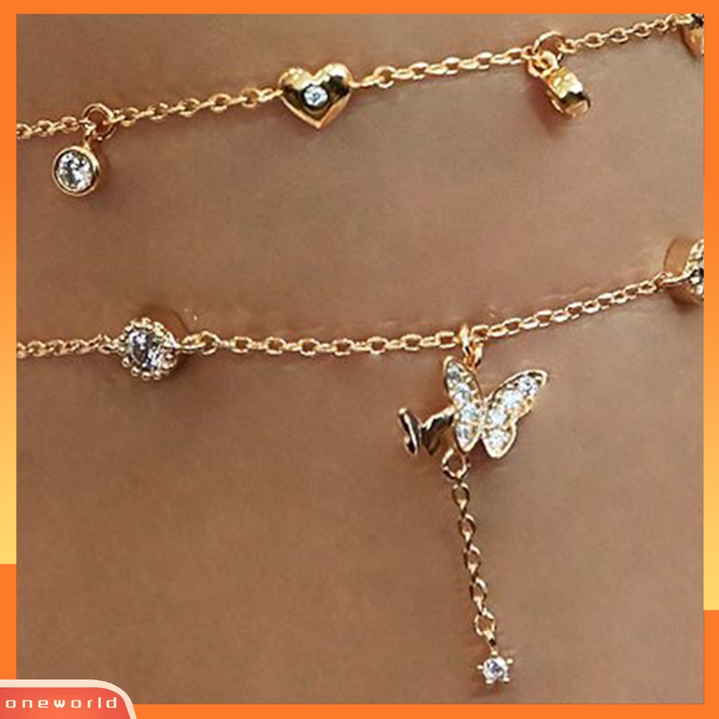 [WOD] Wanita All-match Kupu-Kupu Kecil Hati Berlapis Ganda Gelang Kaki Perhiasan