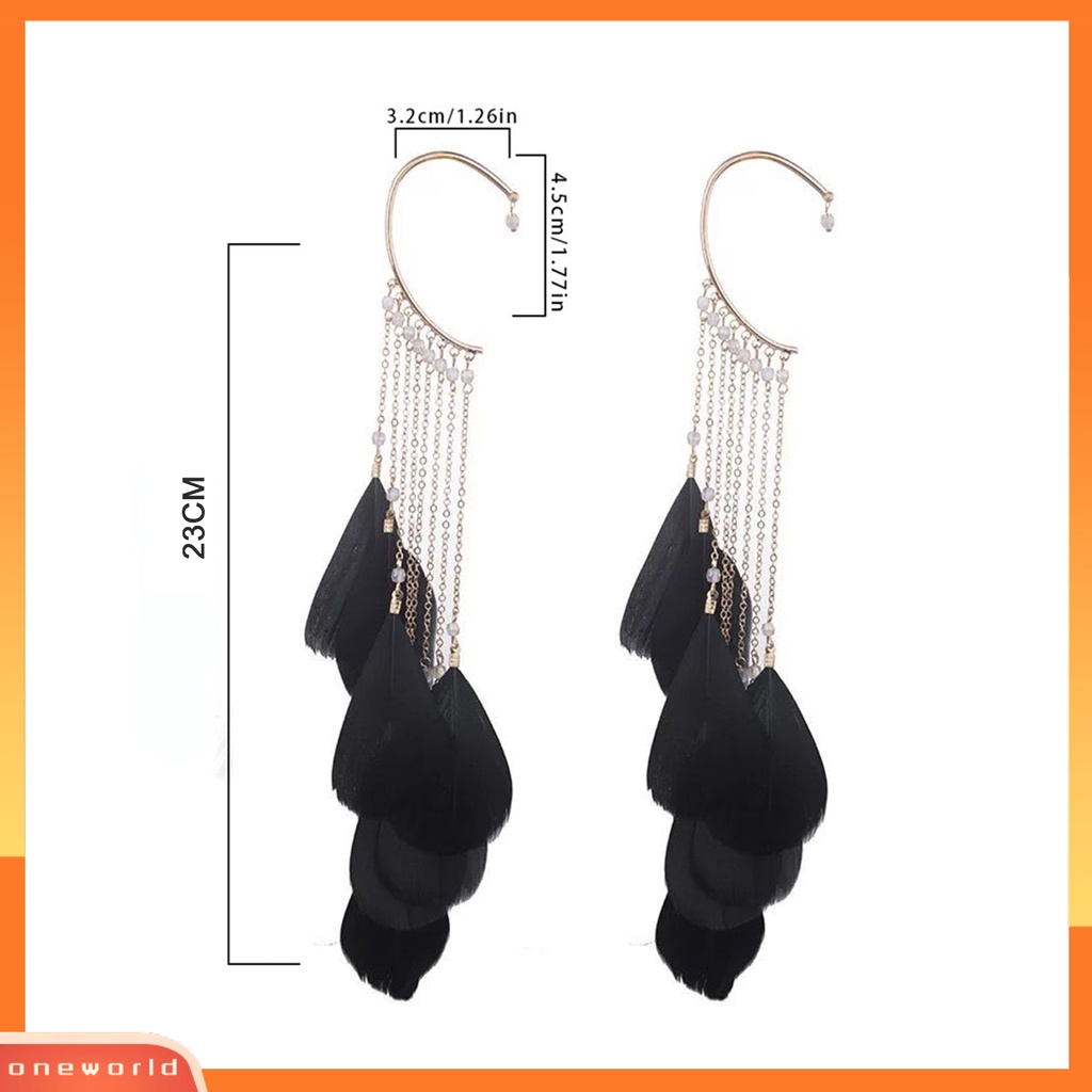 [WOD] 1pasang Manset Telinga Vintage Berlebihan Gaya Bohemian Rumbai Anti Karat Pakaian Sehari-Hari Alloy Bulu Panjang Lady Earrings Perhiasan Pesta