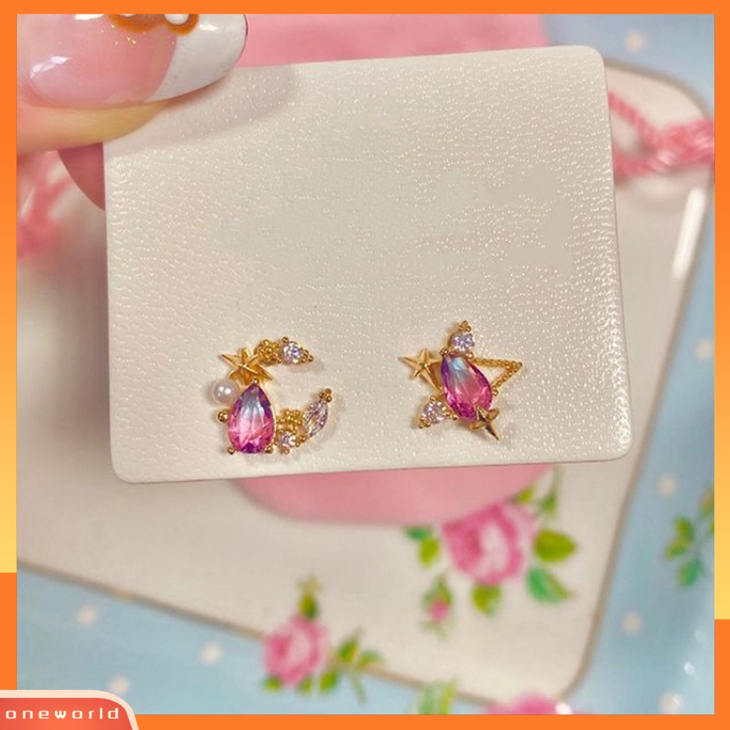[WOD] 1pasang Anting Tusuk Telinga Alloy Chic Piercing Hias Bulan Bintang Berlian Imitasi Untuk Liburan