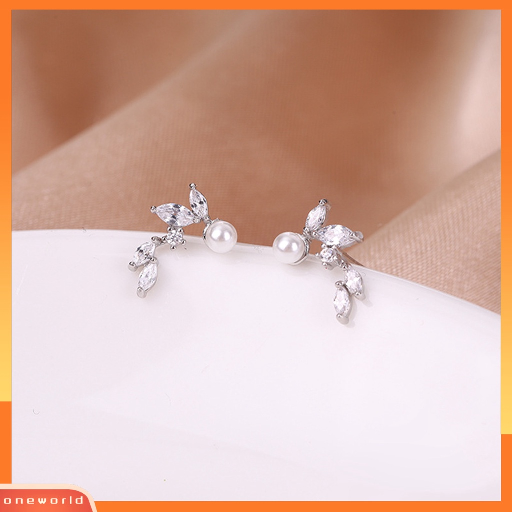[WOD] 1pasang Anting Wanita Bentuk Daun Hias Indah Tahan Lama Portabel Mengkilap Cubic Zirconia Mutiara Imitasi Great Lengket Ear Stud Gift