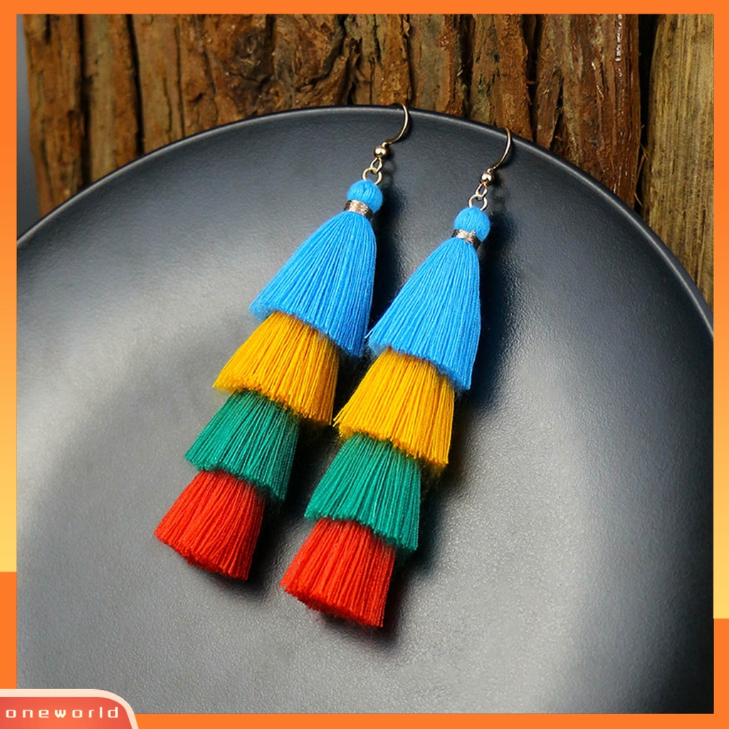 [WOD] 1pasang Anting Menarik Gaya Bohemia Ultra Panjang 4lapis Rumbai Fringe Menjuntai Anting Untuk Wanita