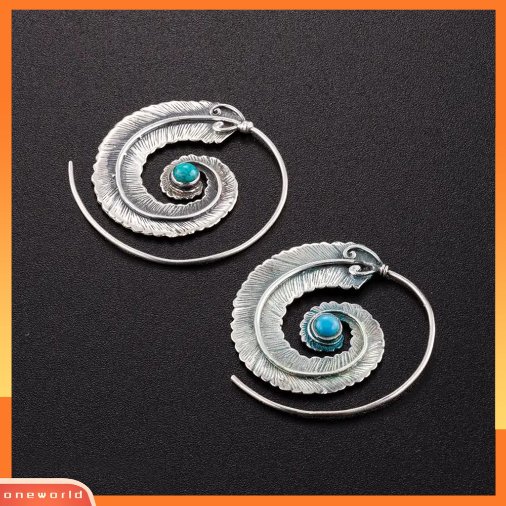 [WOD] 1pasang Anting Hoop Vintage Boho Faux Turquoise Geometris Bulat Dekorasi Ukir Wanita Spiral Bulu Menjuntai Anting Pesona Perhiasan Untuk Pakaian Sehari-Hari