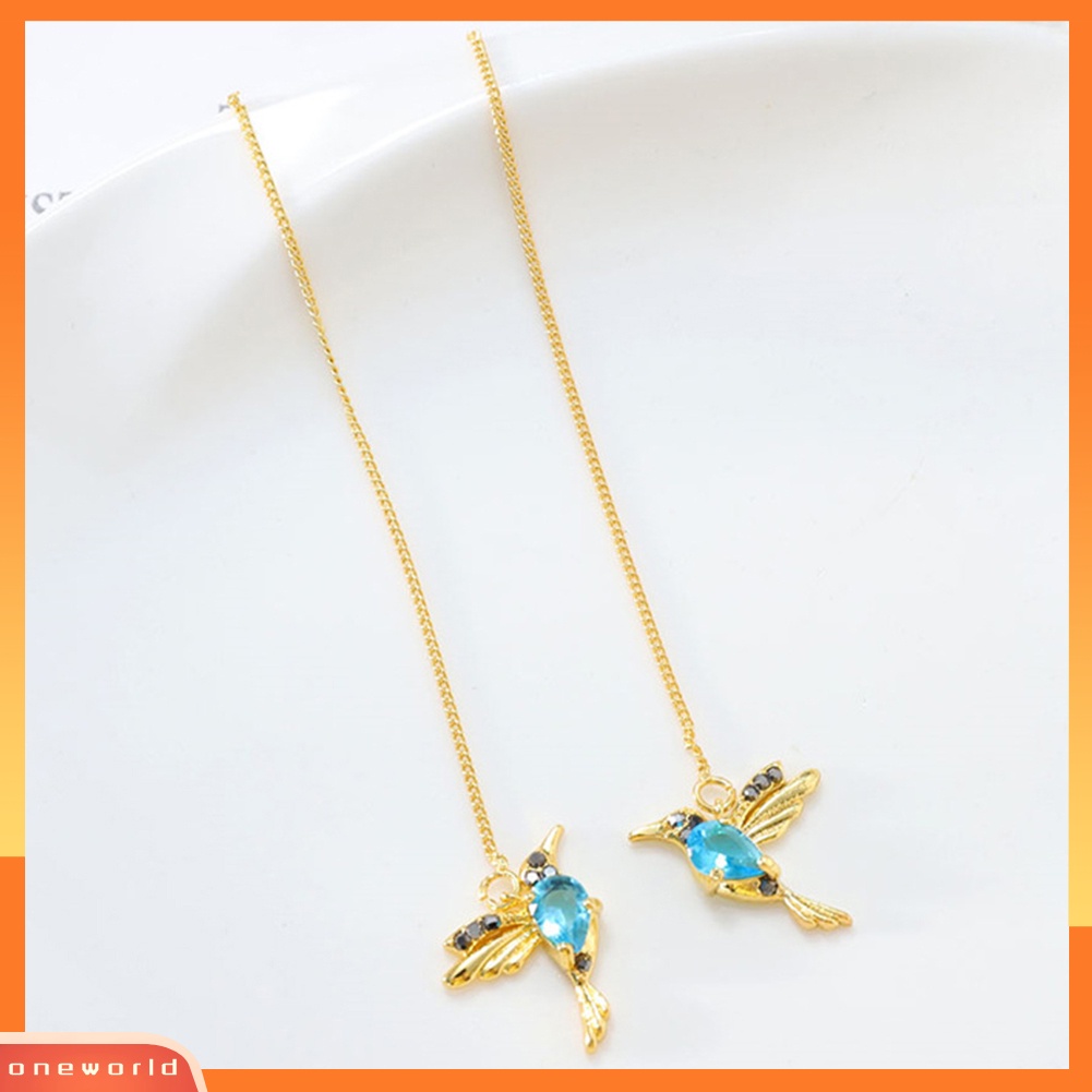 [WOD] Wanita Desain Hummingbird Berlian Imitasi Dekorasi Ear Stud Panjang Rumbai Menjuntai Anting-Anting