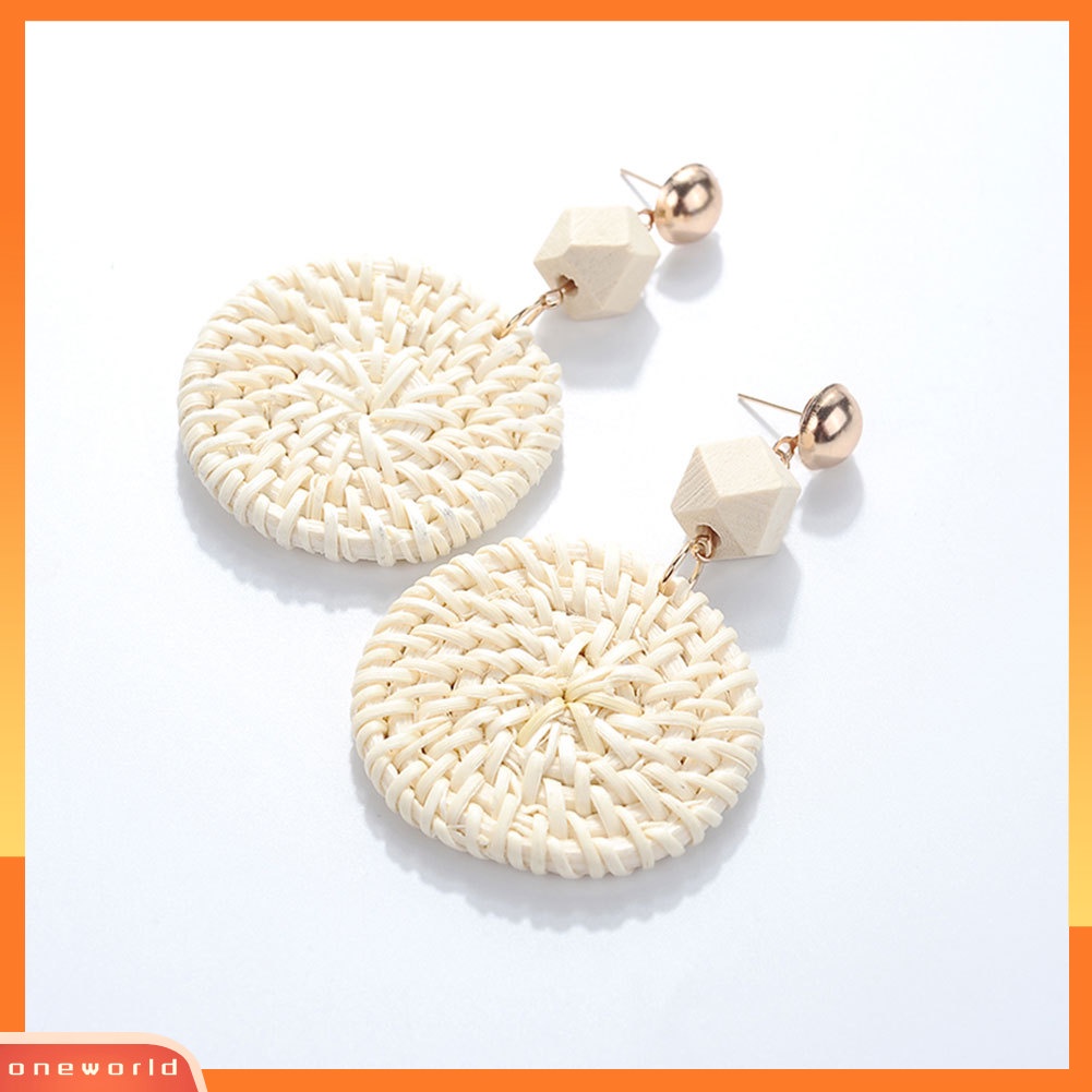 [WOD] Bohemian Pantai Anyaman Rotan Bulat Drop Statement Wanita Stud Earrings Perhiasan