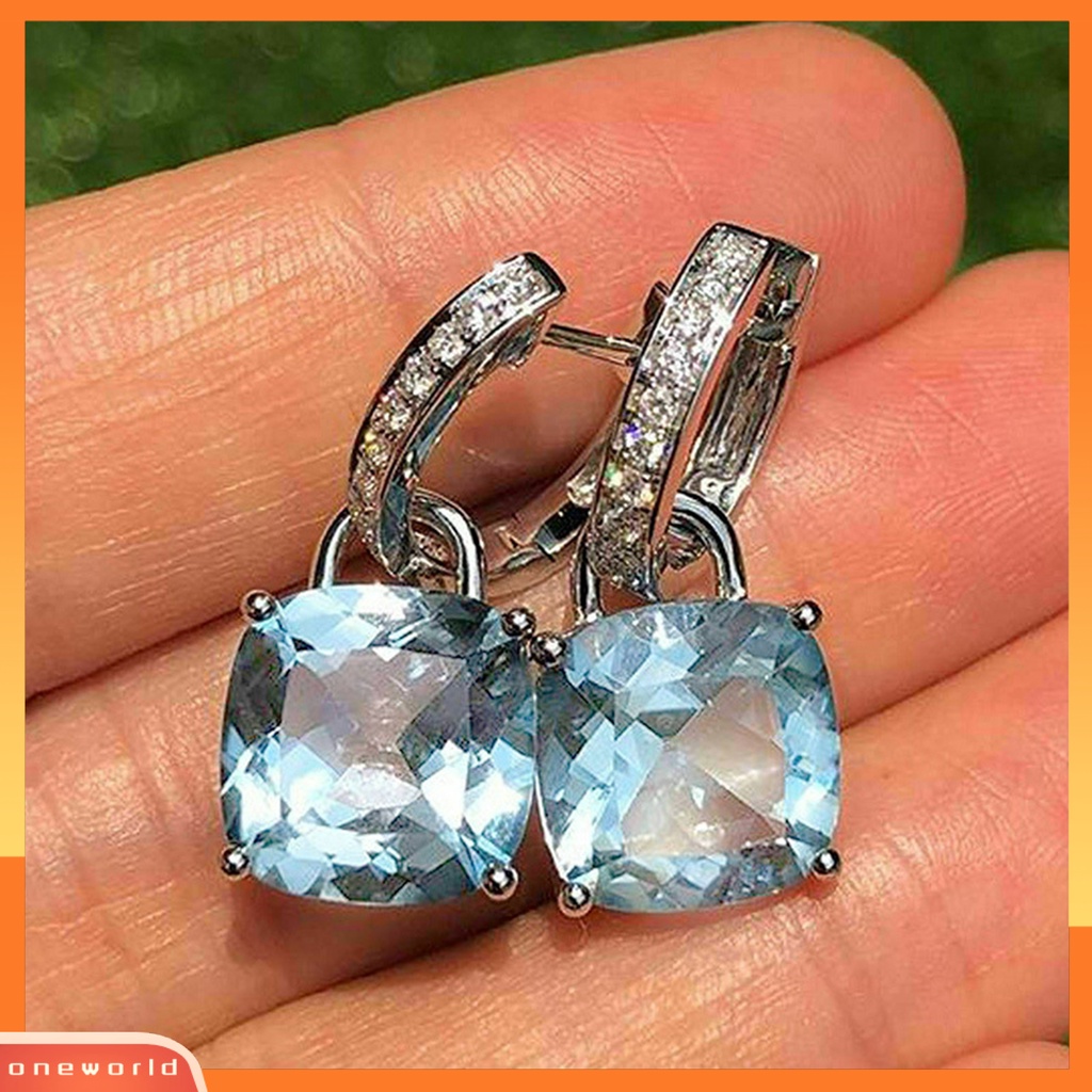 [WOD] 1pasang Wanita Stud Earrings Square Pendant Cubic Zirconia Perhiasan Berlian Imitasi Bersinar Anting Untuk Pakaian Sehari-Hari