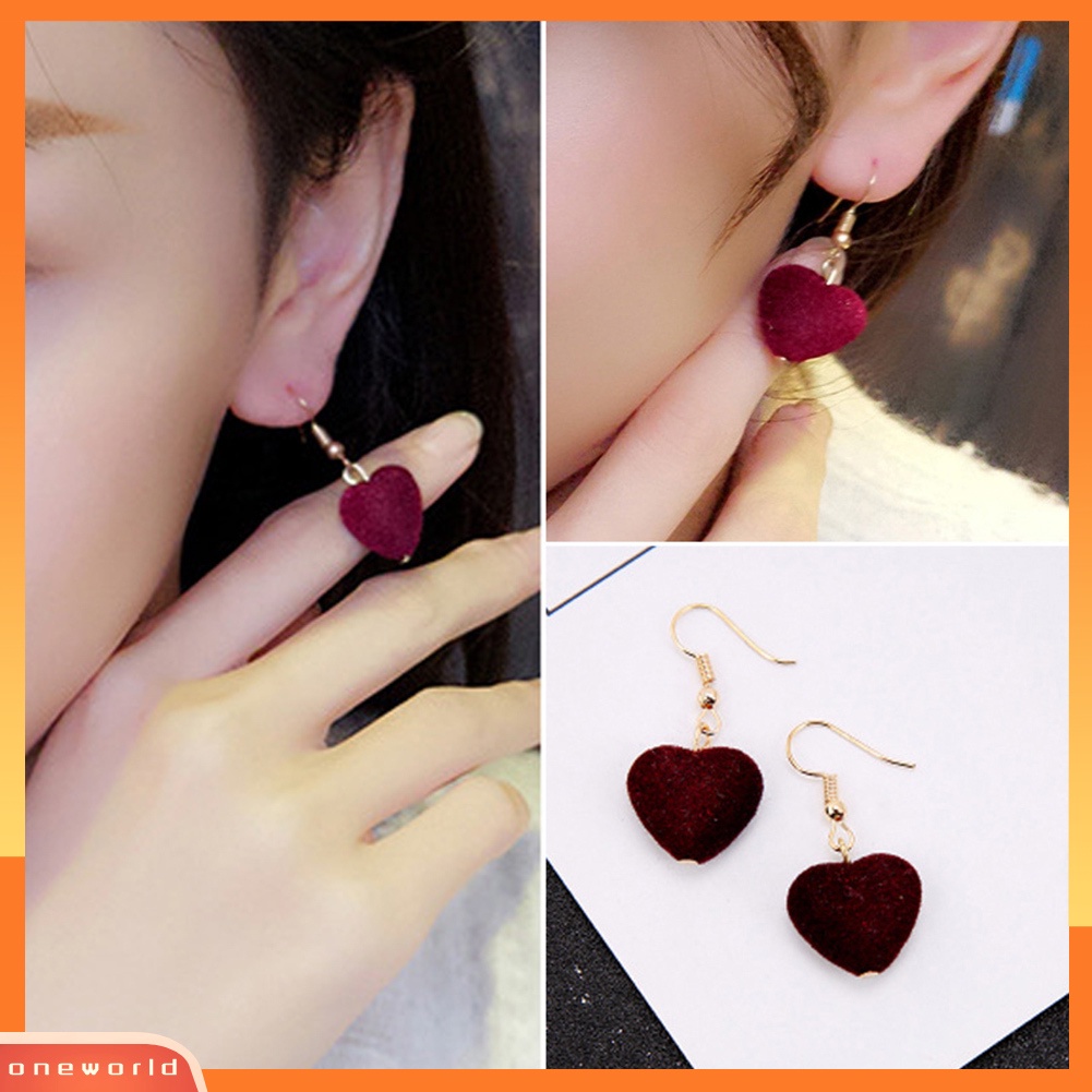 [WOD] Fashion Wanita Beludru Manis Hati Drop Menjuntai Kait Anting Eardrop Hadiah Perhiasan