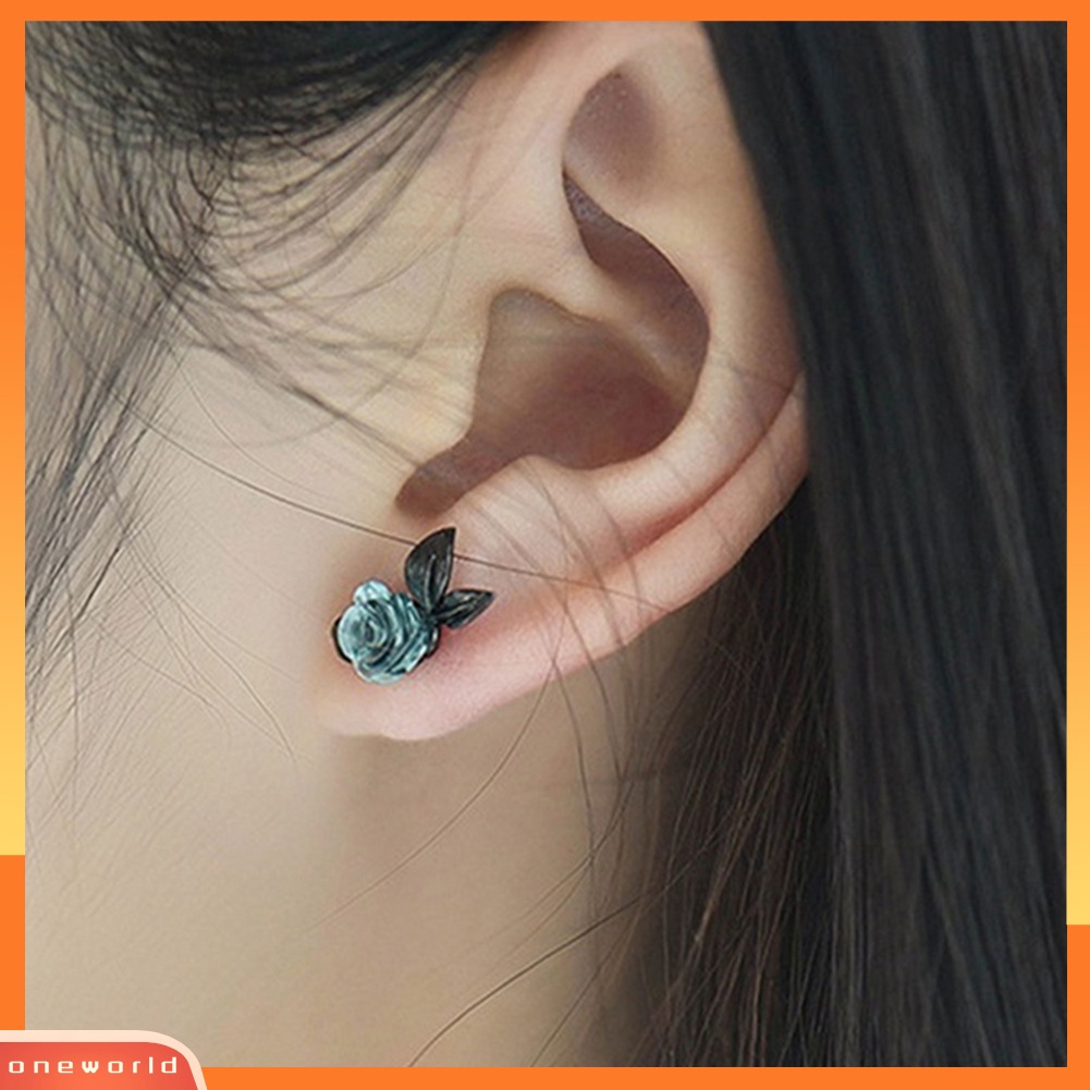 [WOD] Fashion Wanita Asimetris Duri Cabang Bunga Mawar Ear Stud Earrings Perhiasan