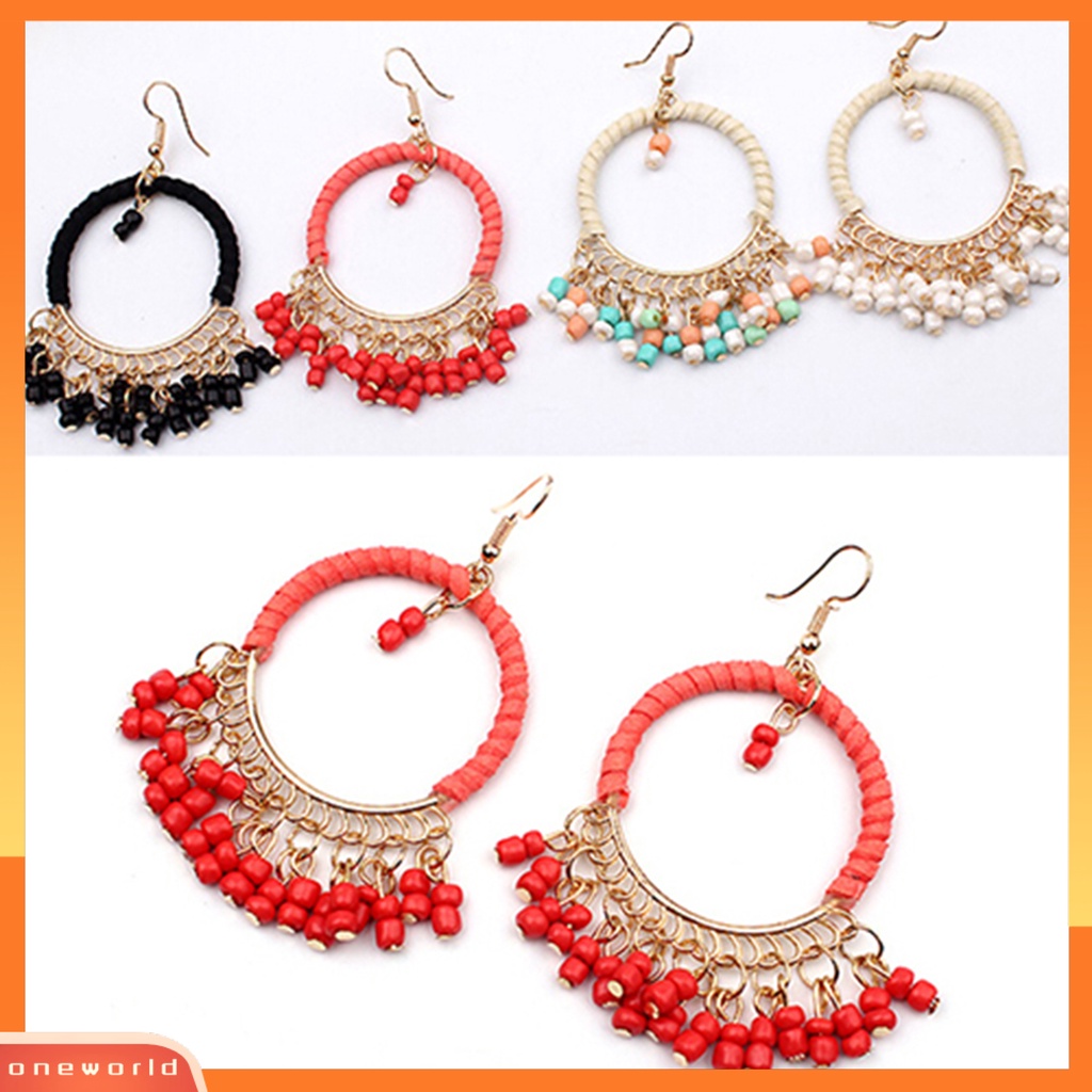 [WOD] 1pasang Anting Gaya Boho Manik-Manik Rumbai Desain Alloy Menjuntai Anting Kait Untuk Pakaian Sehari-Hari