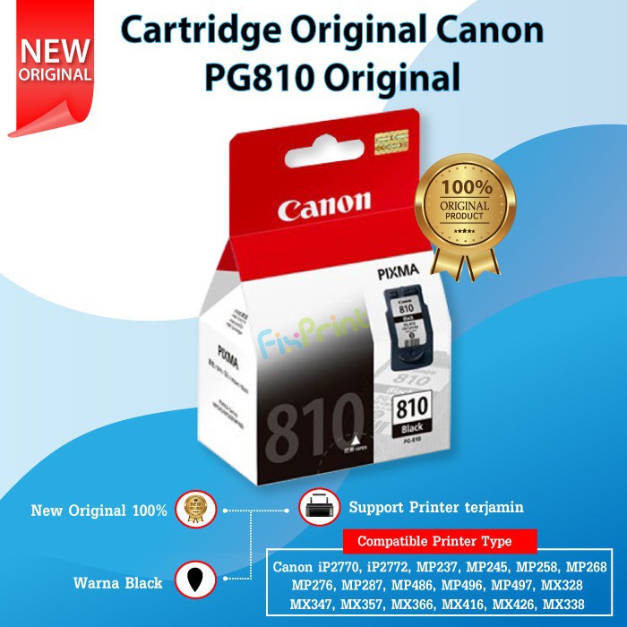 Cartridge Canon PG 810 PG810 PG-810 Black New Ori Printer IP2770 MP237 MP245 MP258 MP276 MP287 MP497 Black Hitam Support Print Printer ip2770 mp287 Original BOX Ori Datascript