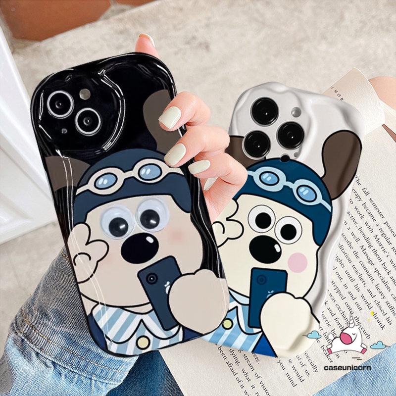 Pasangan Case Ponsel Kartun Kompatibel Untuk iPhone 7Plus XR X13 11 12 14 Pro Max 6 7 8 6s Plus XS Max SE 2020lucu Selfie Gromit Dog 3D Wavy Curved Edge Shockproof Glossy Soft Cover