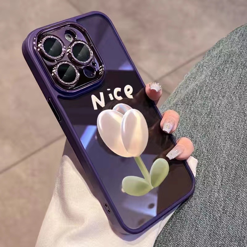 IPHONE Efek 3D Bunga Tulip Transparan Warna Solid Bling Glitter Pelindung Kaca Lensa Kamera Phone Case Full Protection Covers Untuk Iphone11 12 13 14 PLUS PRO MAX