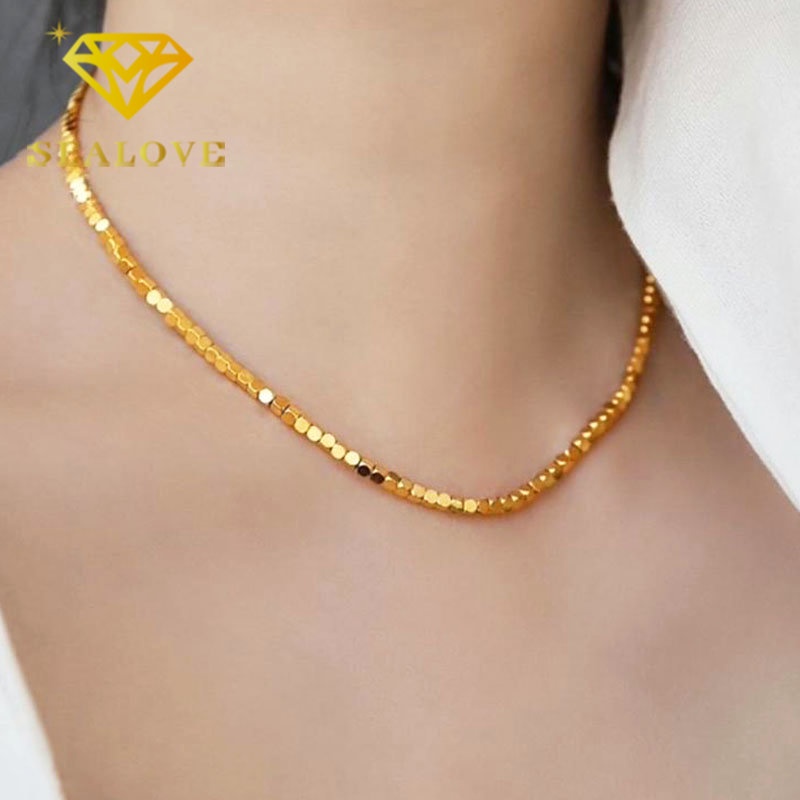 Kalung Titanium Wanita Keberuntungan Kubus Nugget Emas 18K Anti Karat Mewah Korea Aksesoris Perhiasan