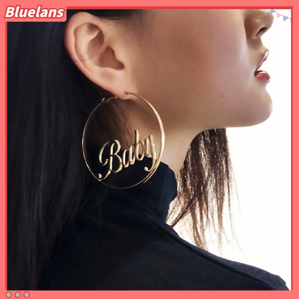 [BLS] 1pasang Anting Hoop Desain Huruf Berlebihan Anti-tarnish Perhiasan Pernikahan Alloy Besar Halus Wanita Anting Lingkaran Bulat Loop Earrings