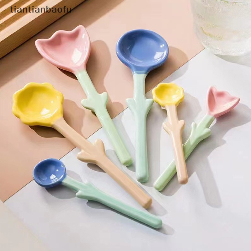 [tiantianbaofu] 1pc Tulip Berbentuk Sendok Keramik 3D Bunga Sendok Kopi Sarapan Dessert Spoon Butik