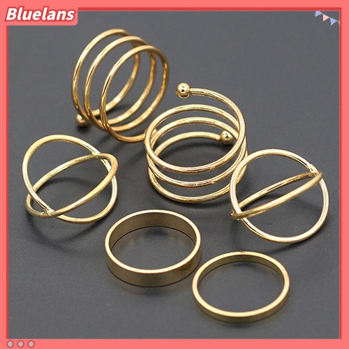 [BLS] 6pcs /Set Wanita Golden Tone Stack Polos Slim Band Midi Ring Spiral Knuckle Rings