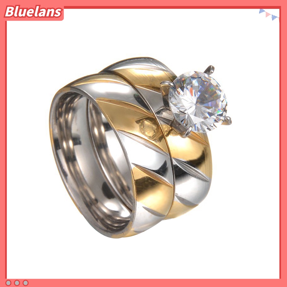 [BLS] 1pasang Perhiasan Cincin Pasangan Cubic Zirconia Stainless Steel Matching Hadiah Pernikahan