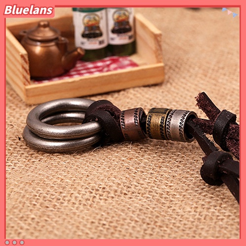 [BLS] Fashion Pria Retro Faux Leather Cord Double Circle Cincin Liontin Kalung Hadiah