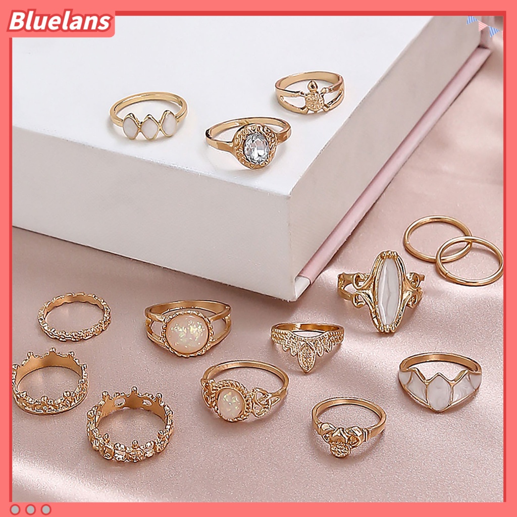 [BLS] 14pcs Hollow Stackable Knuckle Rings Alloy Gaya Etnik Langit Berbintang Permata Imitasi Jari Rings Perhiasan Aksesori