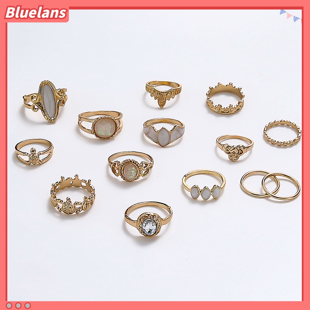 [BLS] 14pcs Hollow Stackable Knuckle Rings Alloy Gaya Etnik Langit Berbintang Permata Imitasi Jari Rings Perhiasan Aksesori