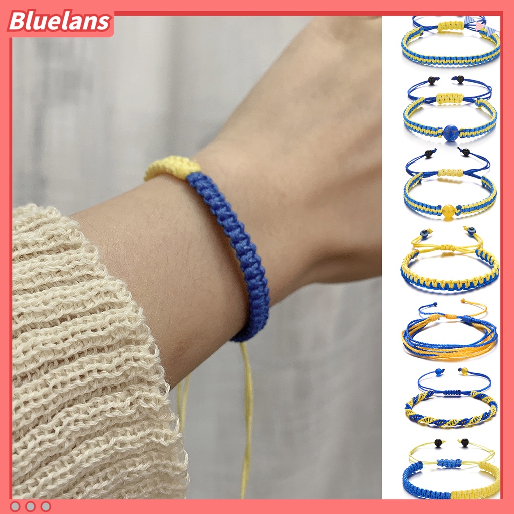 [BLS] Tenun Tangan Tali Kuat Dikepang Gelang Tahan Aus Gaya Etnik Biru Kuning Patchwork Adjustable Gelang Perhiasan Aksesoris