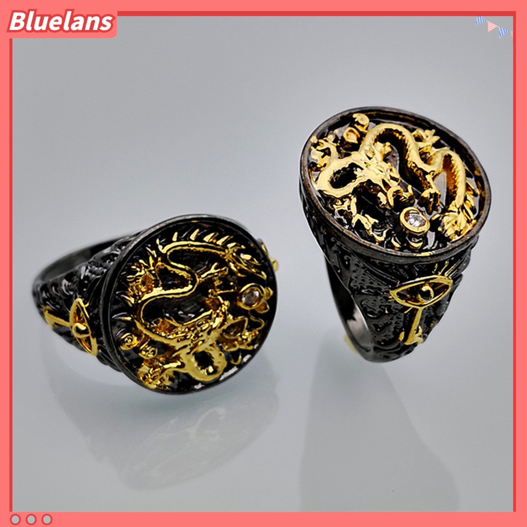 [BLS] Pria Cincin Berlapis Emas Two-tone Vintage Geometris Electroplating Dekorasi Hadiah Naga Cina Laki-Laki Jari Cincin Aksesoris Perhiasan Untuk Hadiah