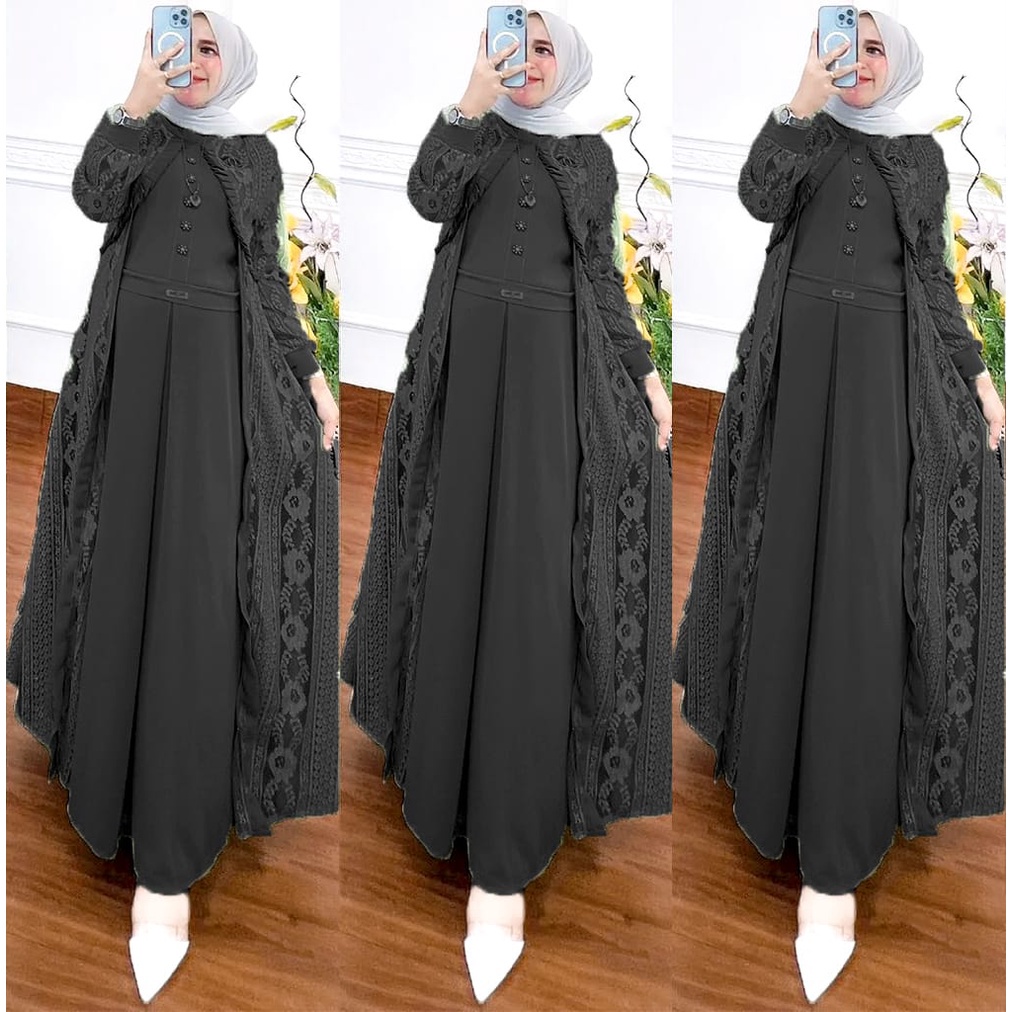 Sahira Dress Wanita Muslim Matt Ceruty Babydoll Mix Brukat Malika Basic OOTD Gaun Pesta Kondangan