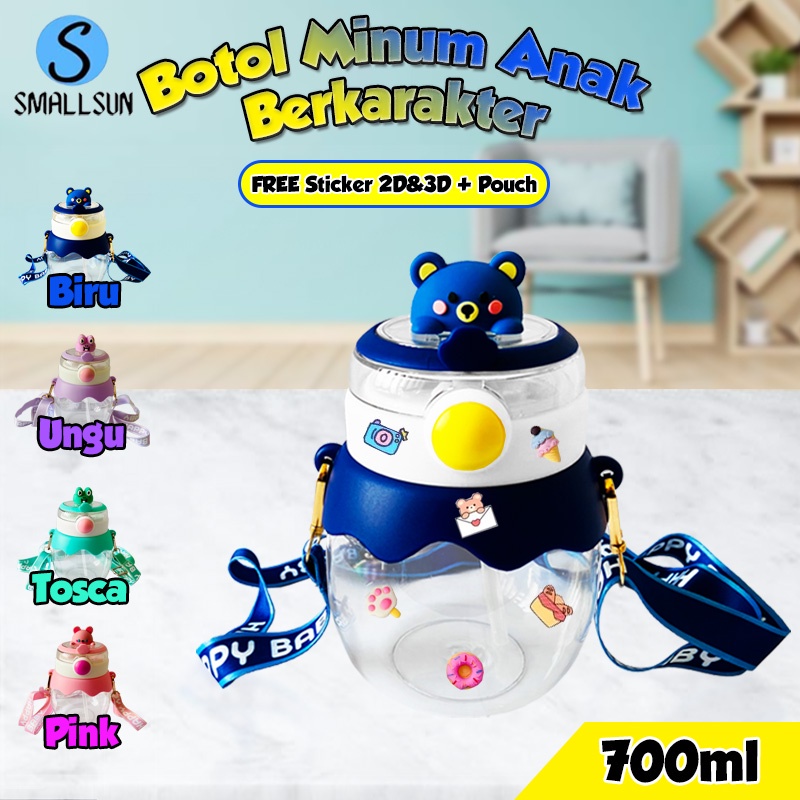 (SS) Botol air Minum Anak Lucu Karakter Animal Kapasitas 700ml Free Tali Free Sticker 2D+3D