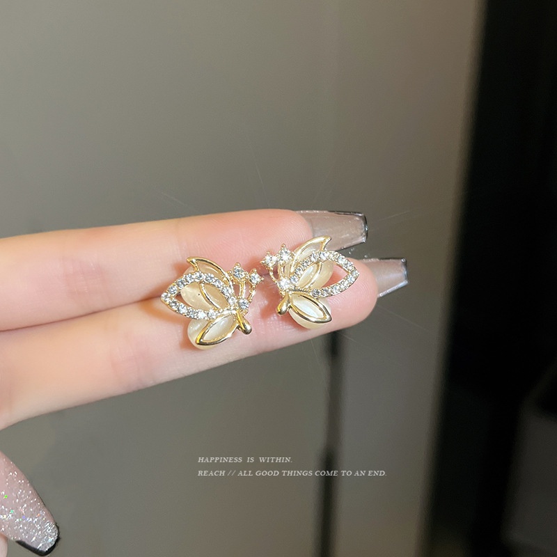 Gaya Korea Sederhana Kupu-Kupu Opal Batu Telinga Giwang Anting Premium Indah925 Perak Pin Anting